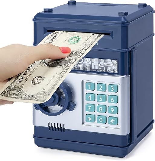Hucha con forma de caja fuerte electrónica, con teclado numérico y ranura para billetes