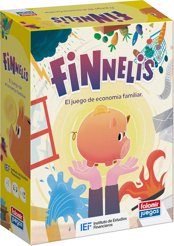 Caja del juego de mesa Finnelis, de Falomir Juegos, con una hucha con forma de cerdito