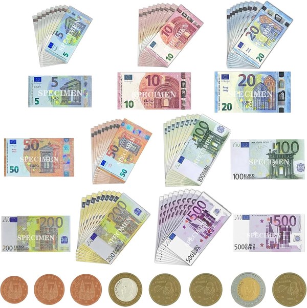 Set de billetes y monedas de euro de juguete, de 5 a 500 euros